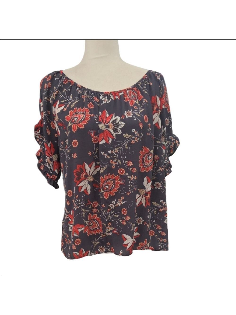 LoFT Beautiful Floral Blouse - Charcoal and Scarlet Flowy Comfy Boho L